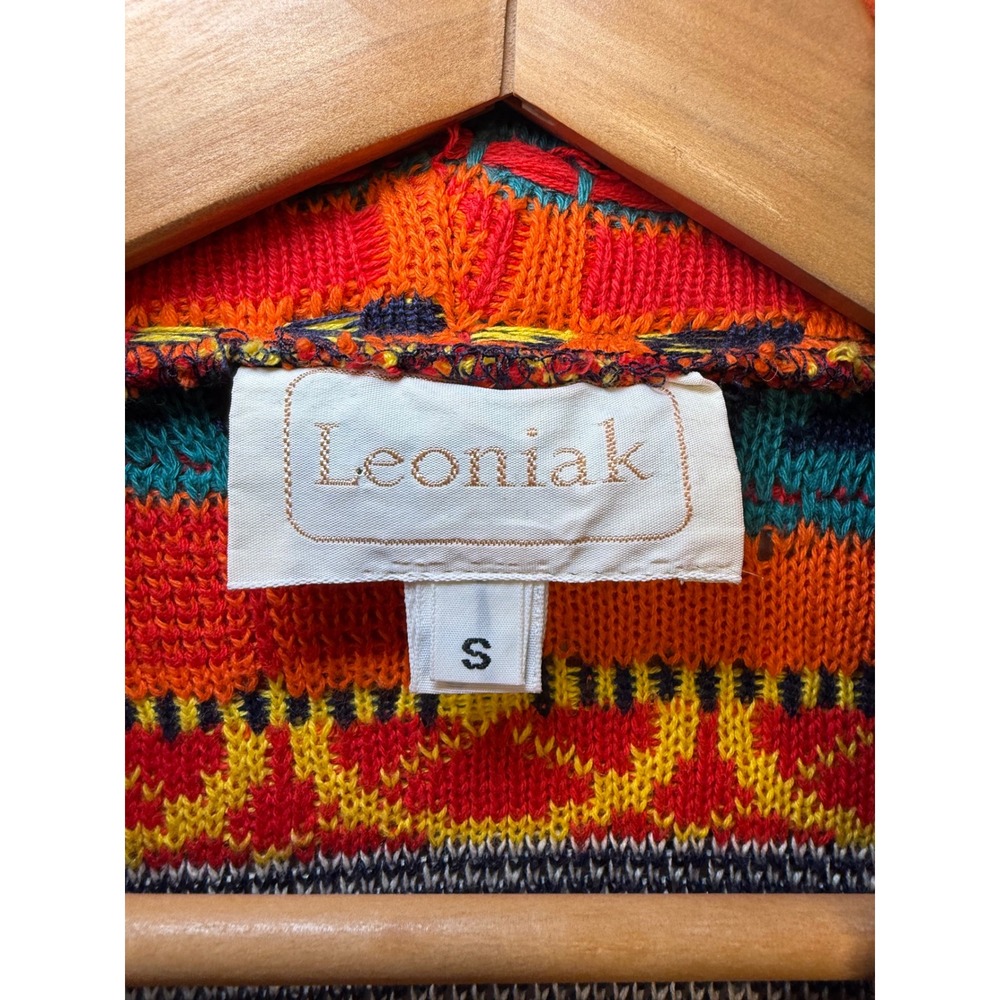 Leoniak Vintage Style Multicolor Geometric Knit Open Front Cardigan Sweater S - Picture 2 of 7